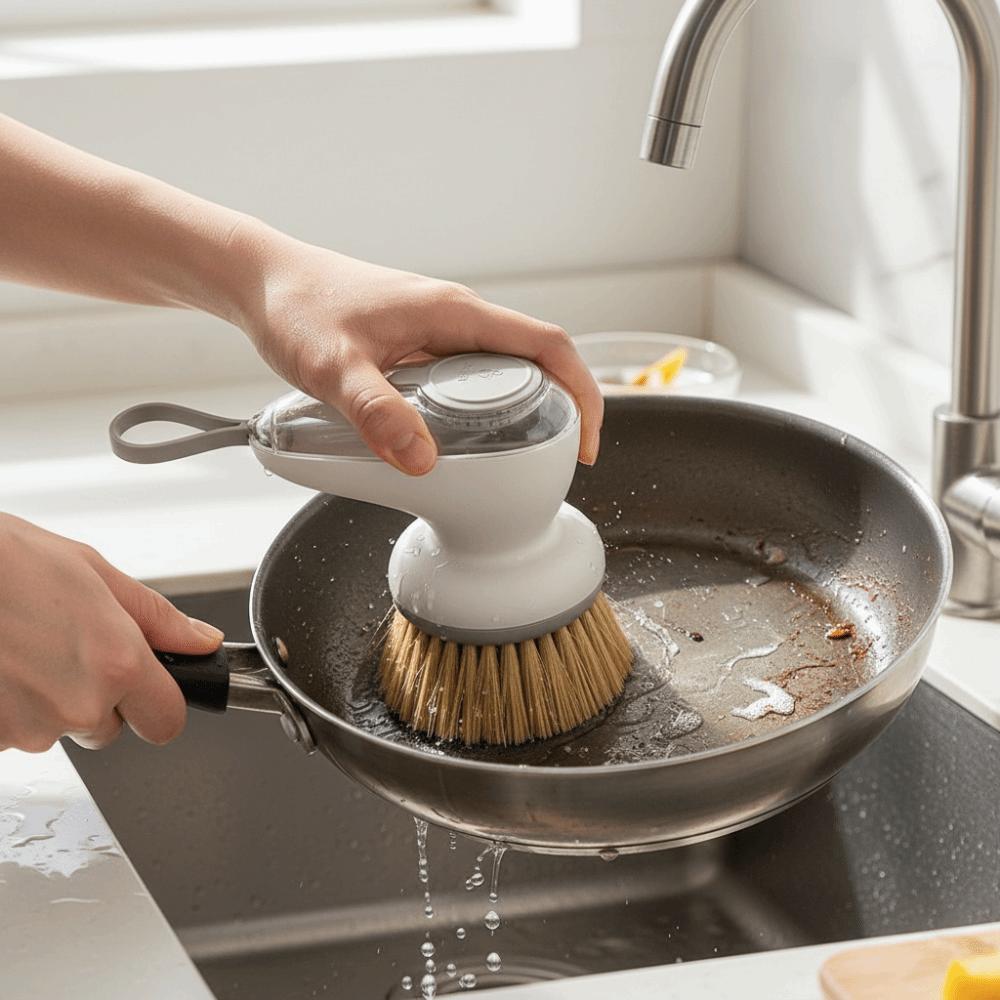 2PCS/SET Press-Type Automatic Liquid Dispensing Pot Brush Efficient Kitchen Scrub  Household Use