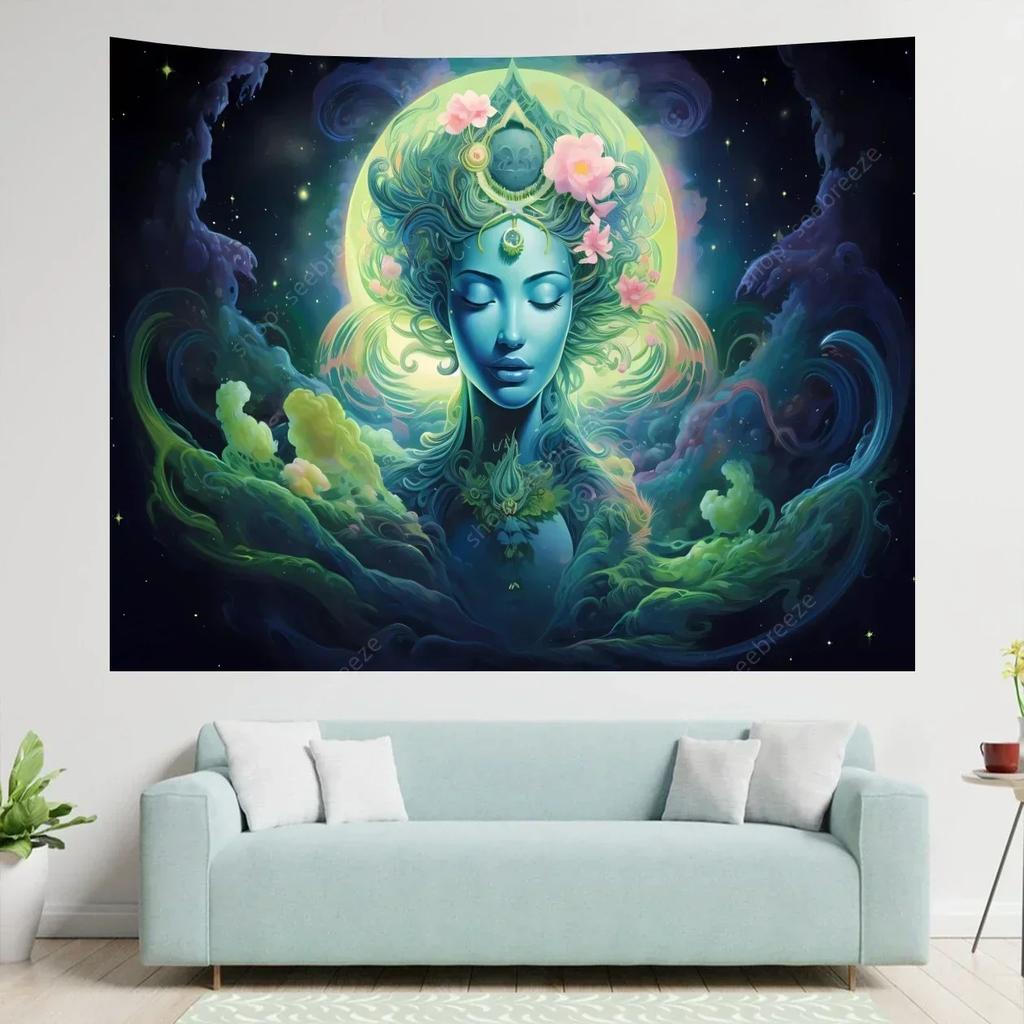 VIKAMA Cosmic Meditation Tapestry Bedroom Mural Luminous Starry Night Bohemian Spiritual Space Decoration