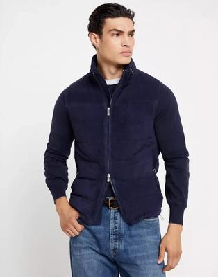 Navy Blue Men Vest Coat Genuine Lambskin Leather Suede Puffer Stylish Formal