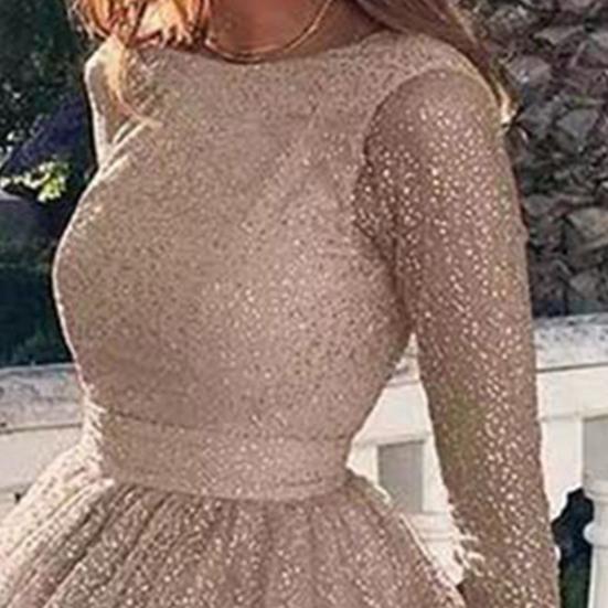 Glitter Starry Tulle Prom Dress For Women Long Sleeve Crew Neck Formal
