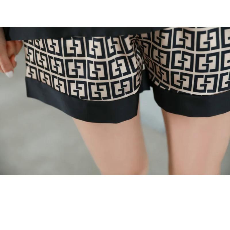 Summer Women's Pajamas Set Luxury Curves Print V Neck Sleepwear Short Casual Faux Silk Homewear 2pcs Nightie Femme