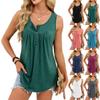 Women's Summer Sleeveless Henley Tank Tops Casual Loose Round Neck Button Pleated Shirts Solid Color Vest
