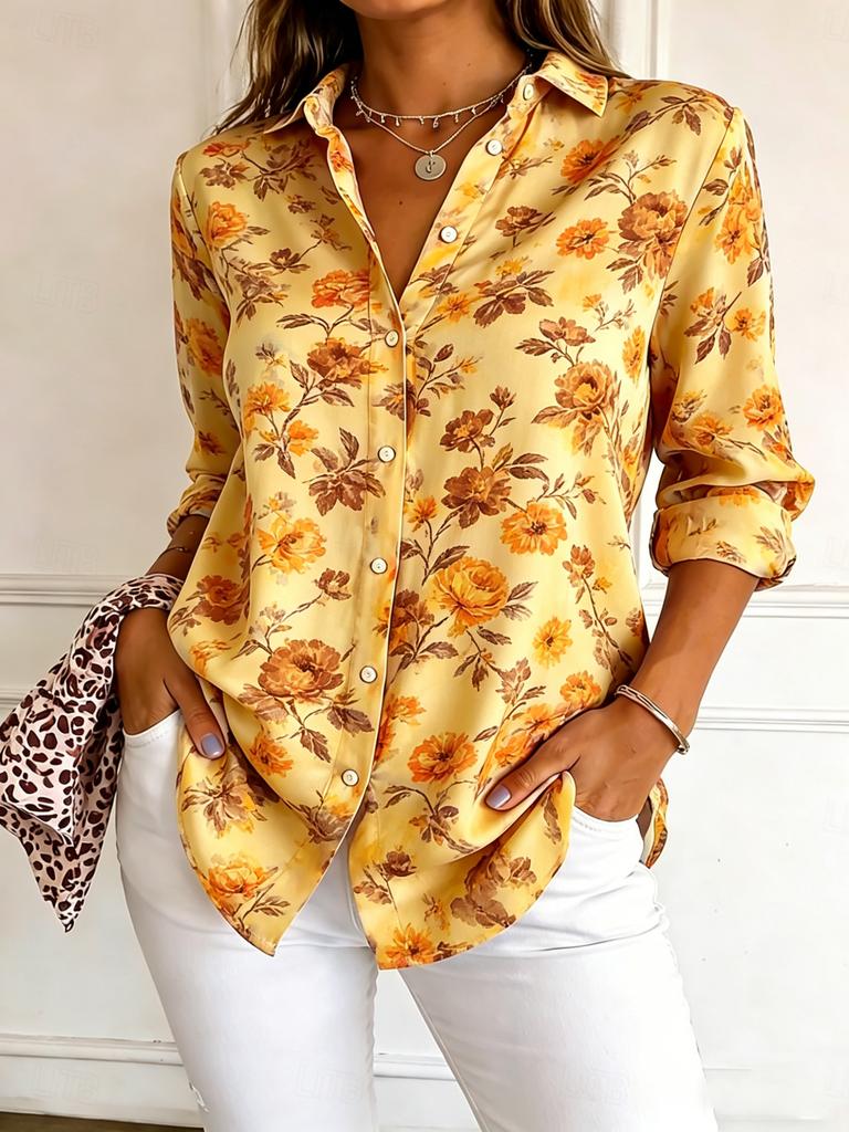 Women's Long Sleeve Floral Print Button Down Casual Shirt Elegant Daily Blouse Tops in Blue for Spring Summer