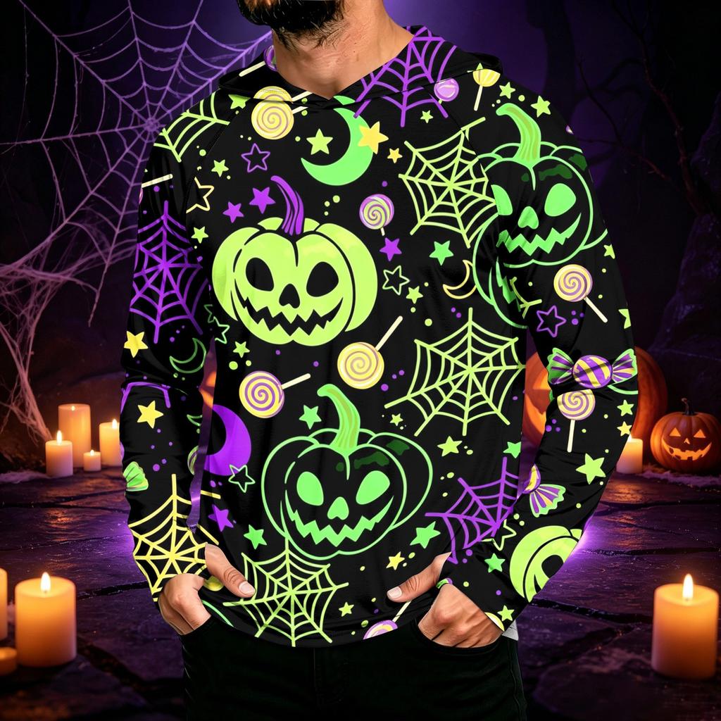 Men's Long Sleeve Sun Hoodie with Halloween Print for Outdoor Activities
