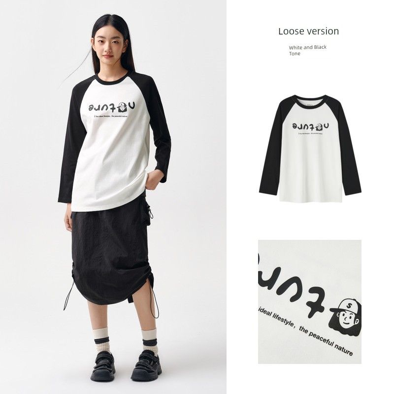 

Long Sleeves T-shirt Women s Mid Length Long Length Print Raglan Sleeve Color Matching Spring Clothing Fun Loose Pattern Bottoming Shirt Niche Style White and black tone 00319 155/80A/S
