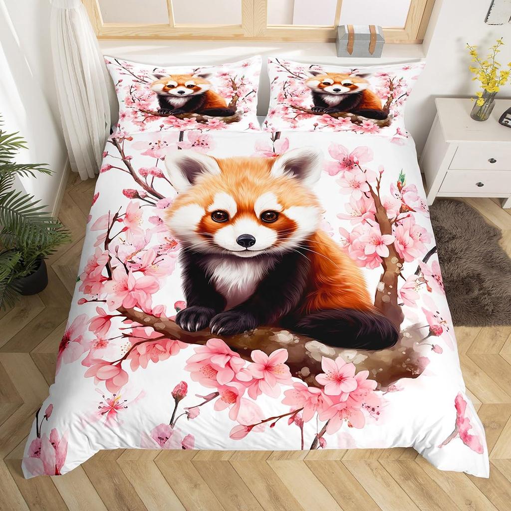 Cute Red Panda Duvet Cover King Size,Pink Love Stars Bedding Set Kawaii Cartoon Animals Comforter Cover Girly Sweet Quilt Cover