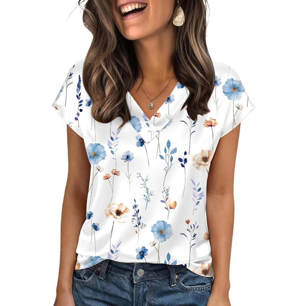 Summer, Satin Complexion, V-neck, Shirt Collar, Women's, Short Sleeved, Top, Women's Clothing
