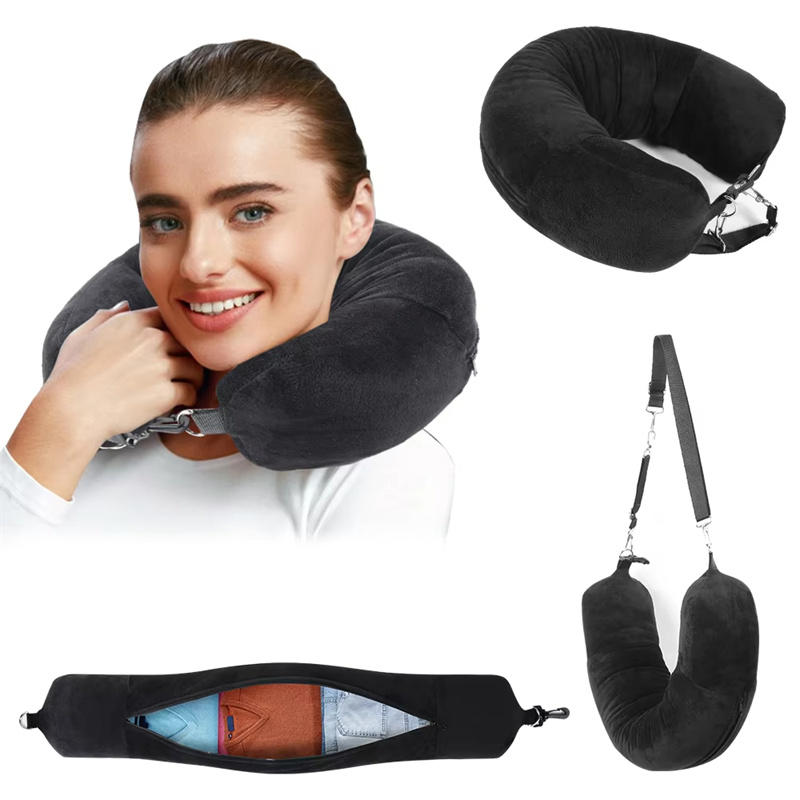 Travel Neck Pillow with Fillable Clothing U-Shaped Pillowcase Extra Storage Bag Velvet Neck Pillow Cover for Airplane Travel Take A Nap