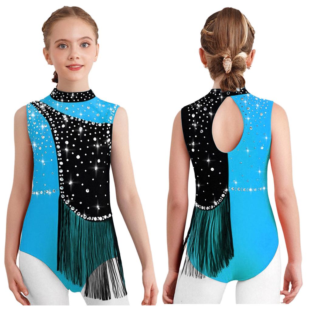 Girls Color Block Gymnastics Leotard with Mock Neck & Keyhole Back, Shiny Rhinestones & Tassels for Dance & Figure Skating