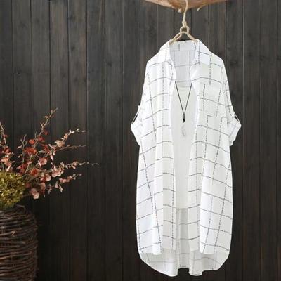 Koszula damska Średniej długości Wywijany kołnierzyk Jednorzędowy nieregularny brzeg Luźny nadruk w kratę Kieszeń na klatce piersiowej Długi rękaw Spinki do mankietów Miękka, oddychająca bluzka damska