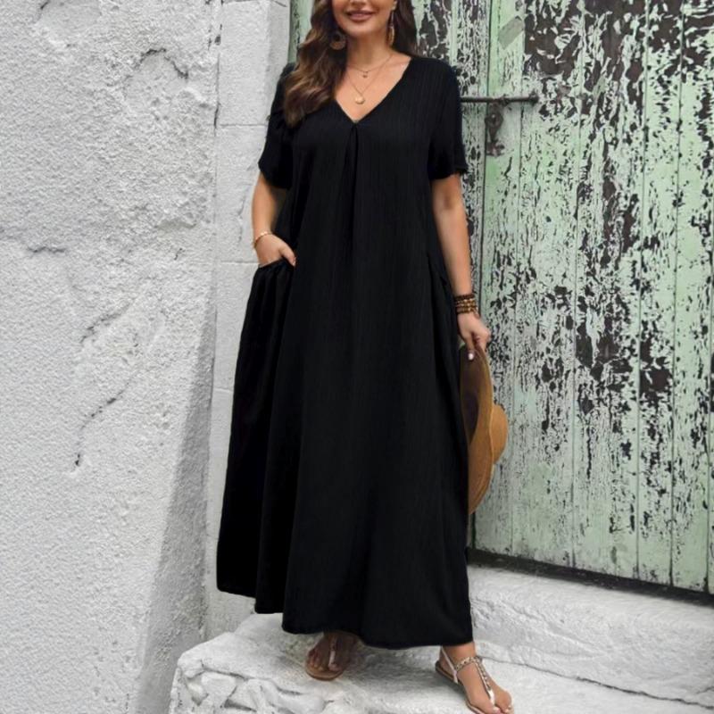 Plus Size Women V Neck Short Sleeve Loose A Line Long Dress With Pockets