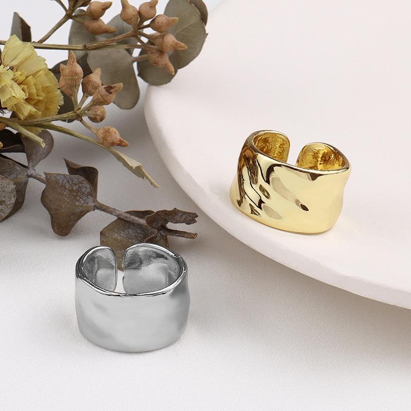 925 Sterling Silver Wiede Simple Gold Color Rings Retro Distressed Opening Handmade Ring Fashion Fine Jewelry