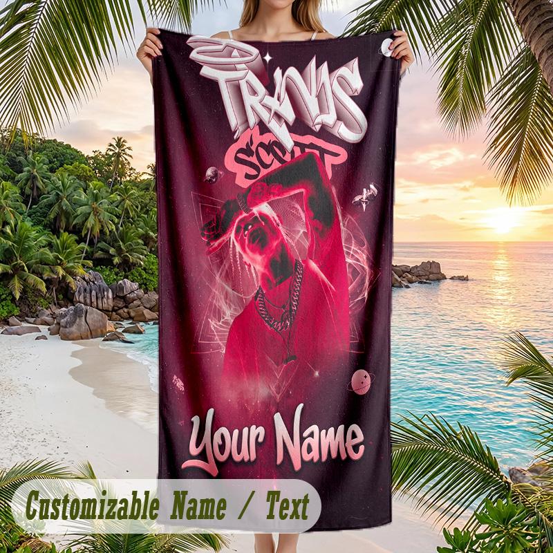 Travis Scott Beach Towel, Personalized Custom Name Text, Quick Dry Large Absorbent Towel For Beach Pool