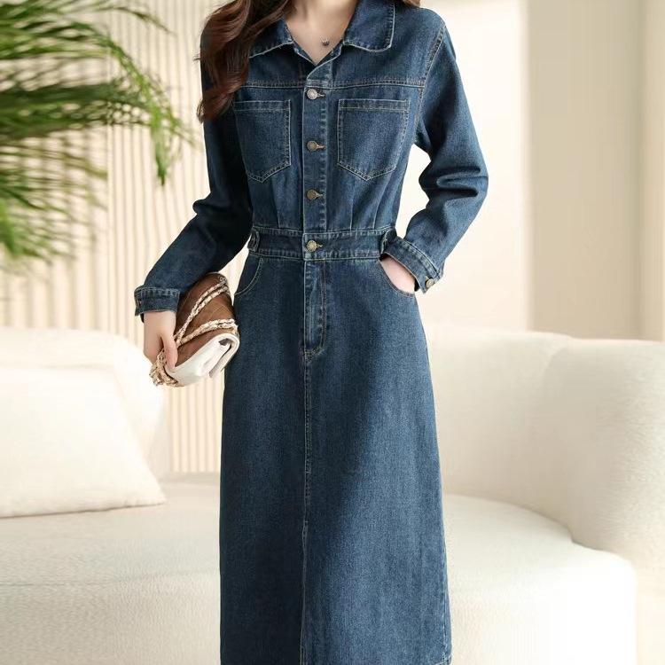 2024 Korean Slim Fit Retro Denim Shirt Dress for Women – Mid-Length Long Skirt
