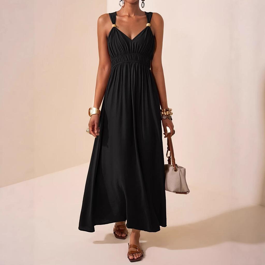 Women Summer Sleeveless V Neck Maxi Dress with High Waist and Flowy A Line Skirt for Beach Holiday Casual Wear