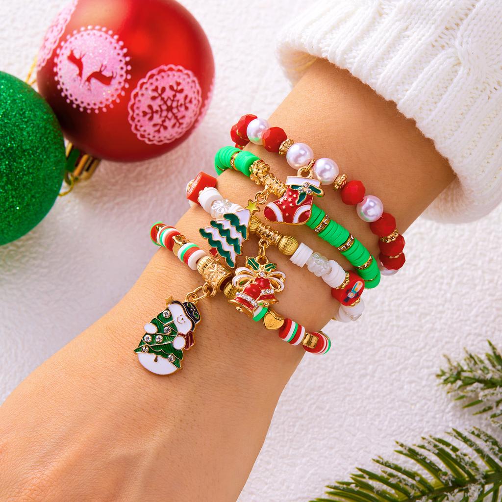 Sweet Christmas Beaded Bracelet for Women Men Exquisite Lovely Crystal Bangle Imitation Pearl Party Festival Gift Xmas Jewelry