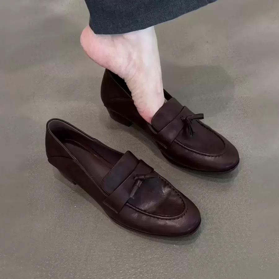 Sheepskin Version~ French Retro Round Head Fringed Thick Heel Small Leather Shoes Commuter Black One-pedal Loafers Women's Single Shoes