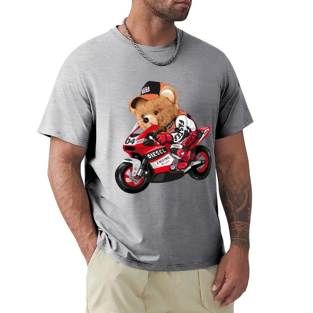 Cute Teddy Bear Riding Motorcycle T Shirt Harajuku Short Sleeve T-shirt 100% Cotton Graphics Tshirt Tops