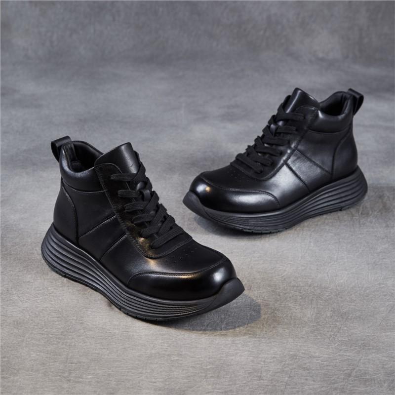 Johnature Lace Up Genuine Leather Short Boots Thick Soled Leisure Soft Soled Wedge Heels Women's Shoes