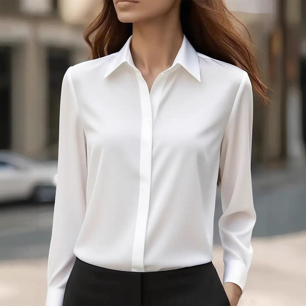 Damen-Hemd mit Umlegekragen, langen Ärmeln, aus Satin, Regular Fit, für den Weg zur Arbeit