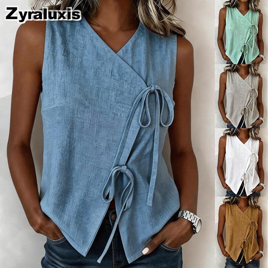 Women's Bow Tie Rouch Detail Summer V-Neck Sleeveless Top Fashion Backless Tank