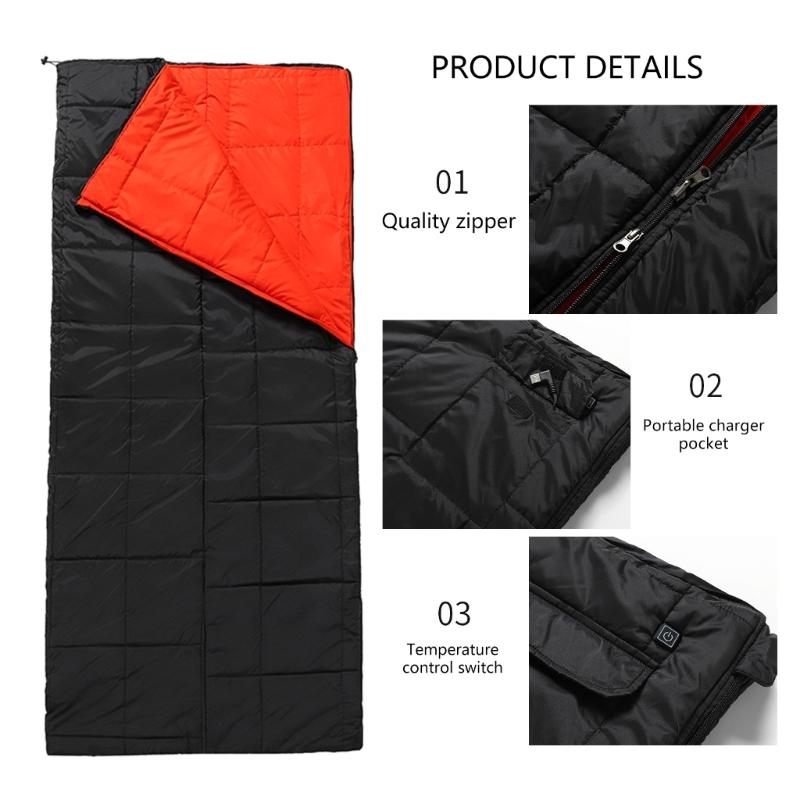 USB Heated Camping Sleeps Bag For Adults 4 Heat Zones Adjustable Hood Light Weight Polyester Outdoor Use