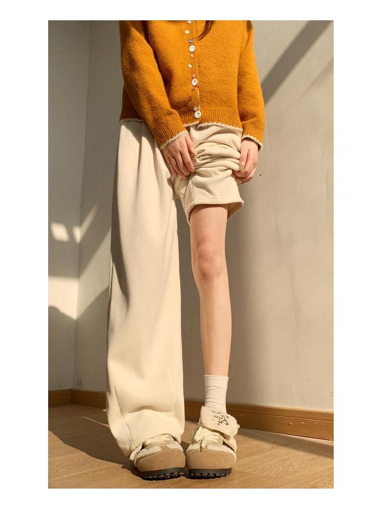 Coffee-Colored Chenille Wide-Leg High-Waisted Pants for Women - Autumn/Winter 2026 Plus Velvet Petite Loose Casual Sweatpants