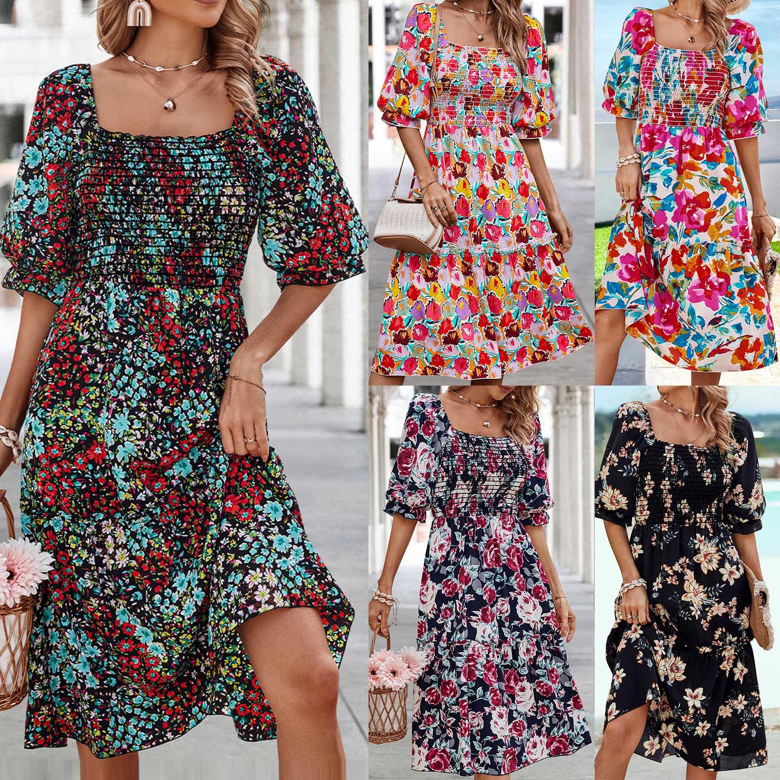 

Женское летнее платье с коротким рукавом с U-образным вырезом