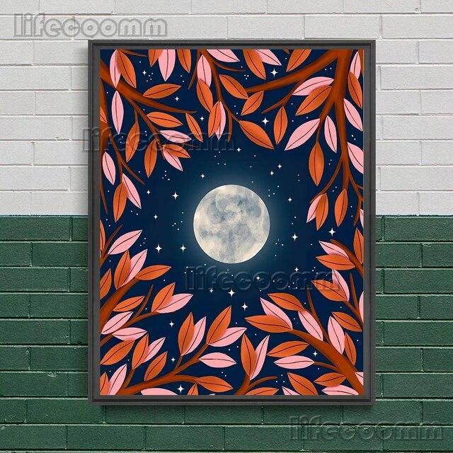 2023 księżycowa faza księżyca i magiczna ćma obraz ścienny na płótnie wąż, roślina, księżyc, elementy czarów plakat artystyczny dekoracja z nadrukiem bez ramki