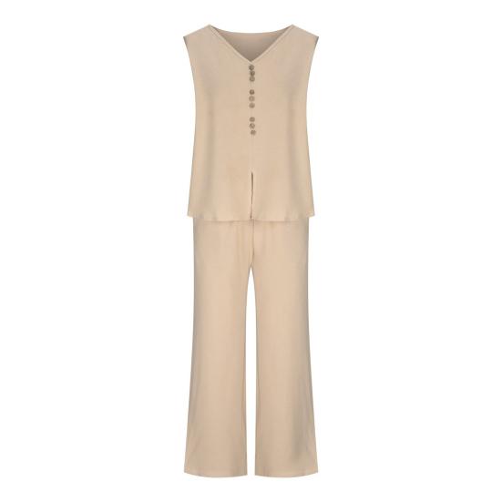 2 Pcs/Set Women Vest Pants Set Sleeveless V Neck Button Decor Wide Leg Straight Loose Solid Color Lady Top Trousers