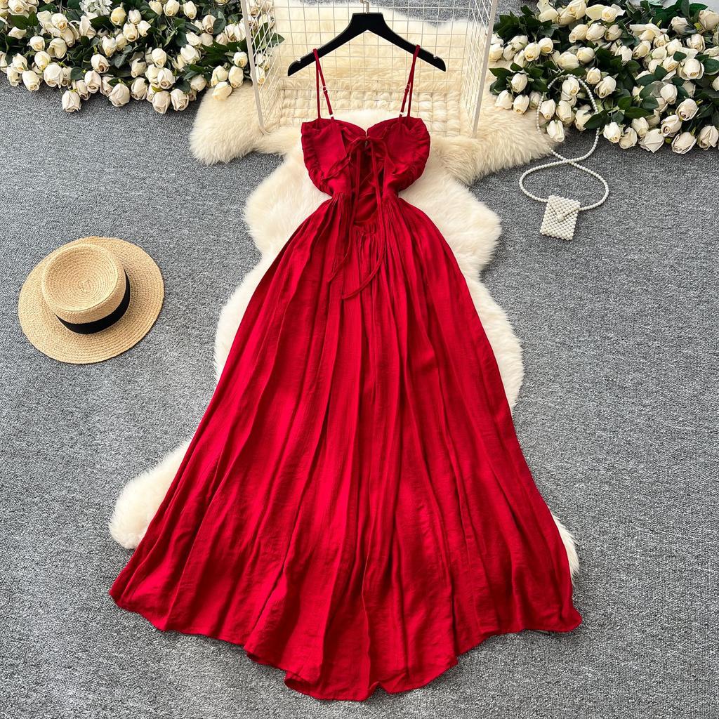 Leichter Luxus Europäisches und Amerikanisches Trägerkleid Damen Sommer Sexy Rückenfrei Träger Falten Design Spice Girl Großer Saum Langes Kleid Kleid