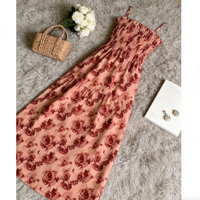 French rose print lace-up dress women's summer new design waist fashion suspender dress