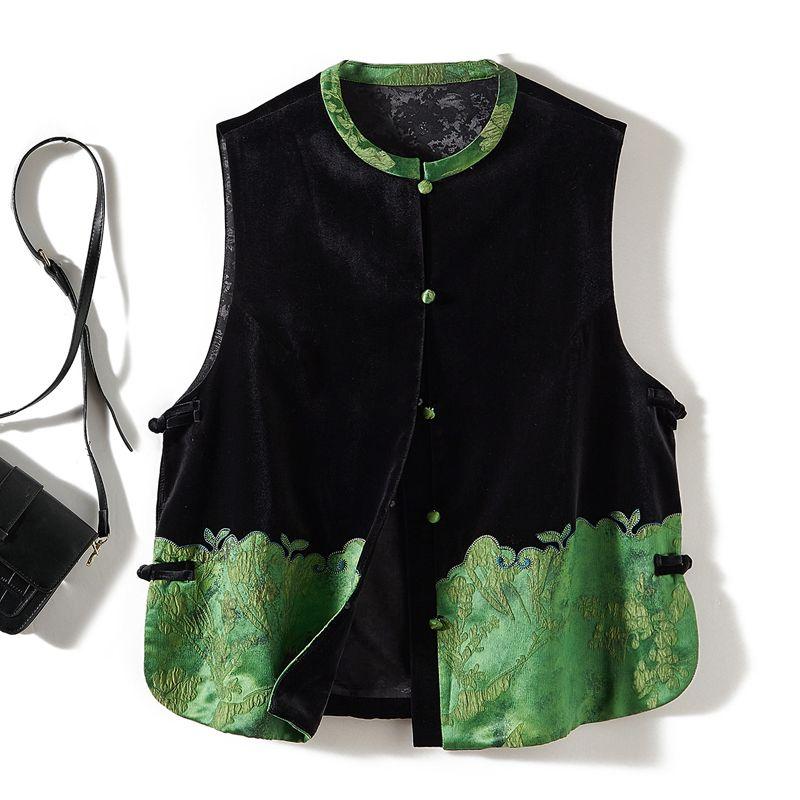 

of Yuan Is Worth the Price! Chinese Style Small Stand Collar Single-Breasted Women s Real Velvet Fake Two-Piece Carved Vest Spring and Autumn Coat Green L