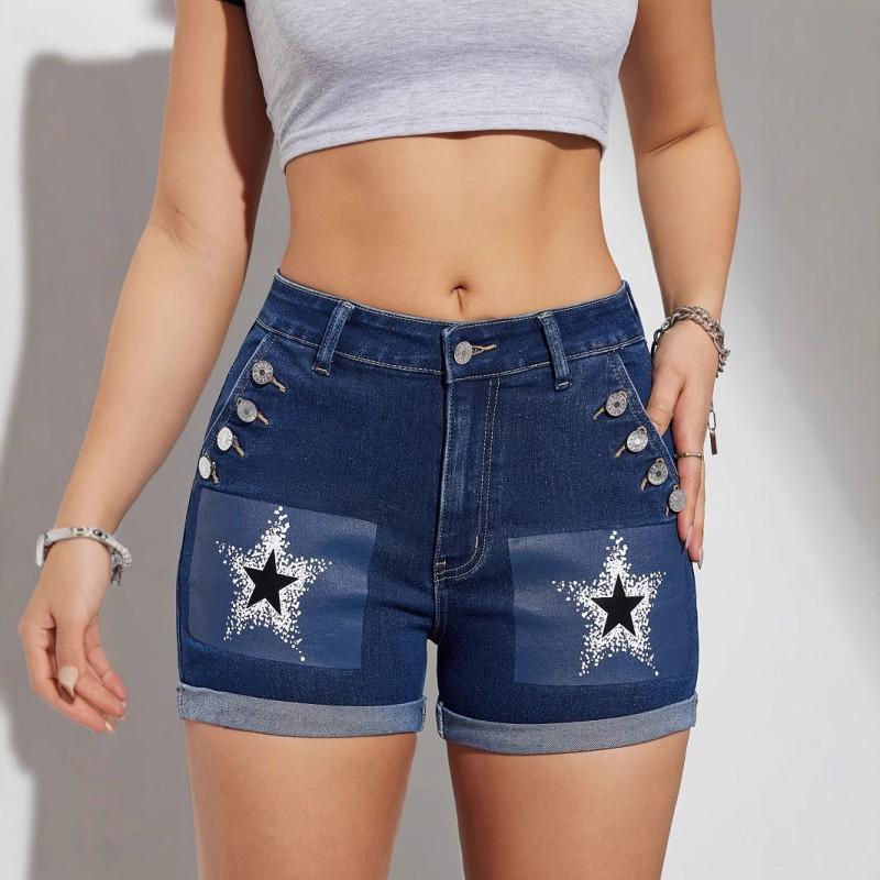 

Style Printed Denim Medium High Stretch Slim-fitting Trendy Shorts Women s Hot Pants Trend M темно-синий