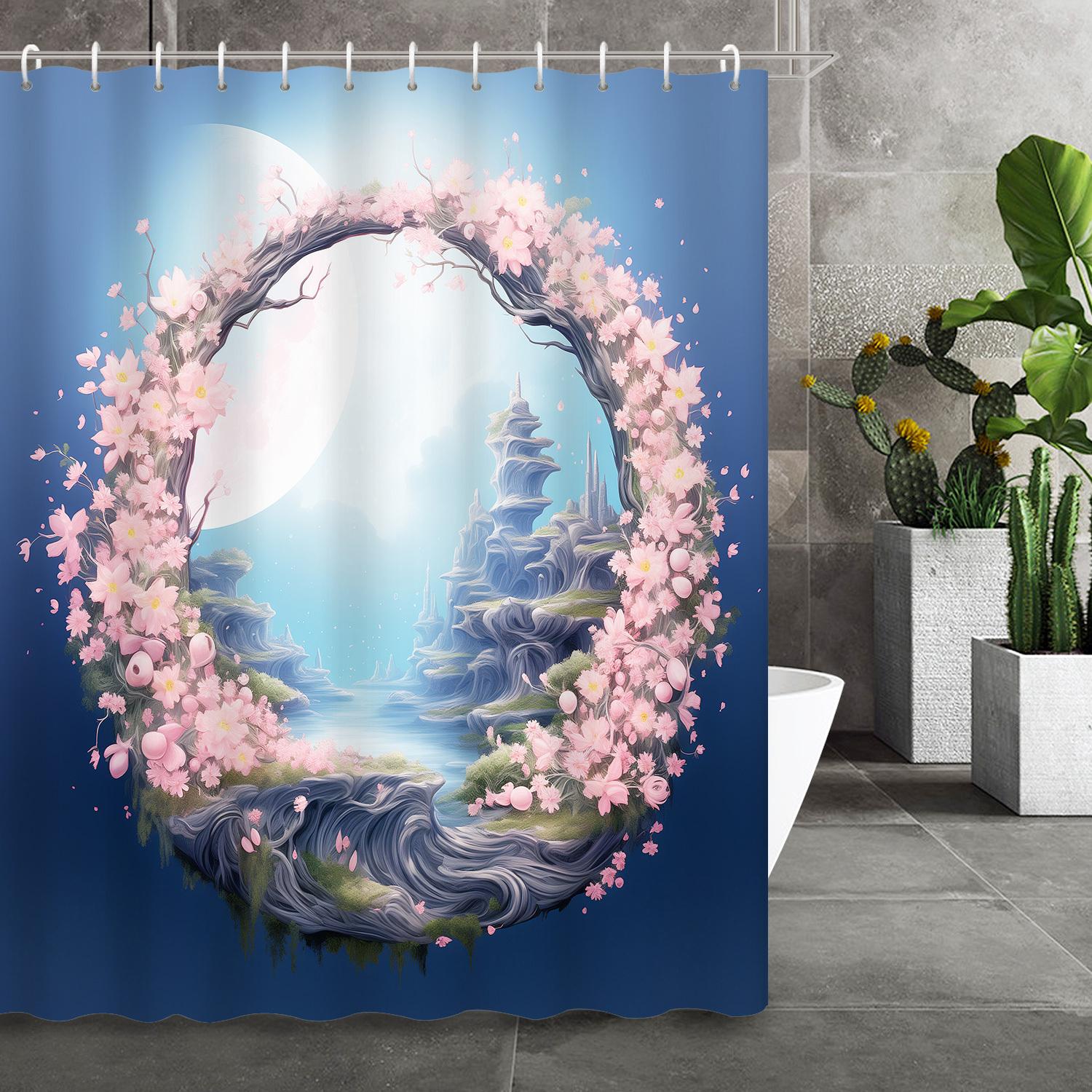 Dreamy Pink Floral Wonderland Shower Curtain, 12 Hooks, Decorative Bathroom Accessory W90xH180cm