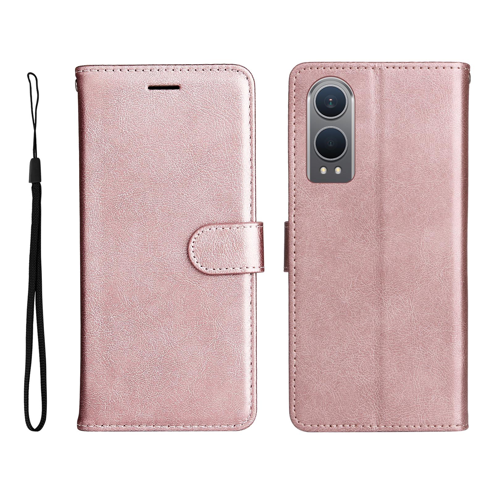 

For Oppo K12x 5G (China)/OnePlus Nord CE4 Lite 5G Leather Wallet Case with Strap Solid Color Phone Stand Cover Rose Gold