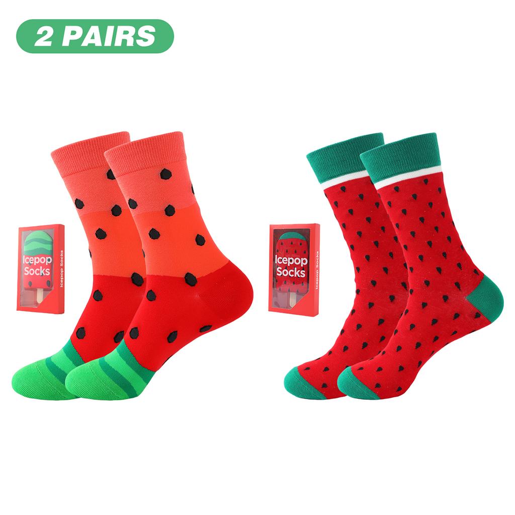 2 pair of mid-calf unisex socks in a novelty ice cream design, a unique and interesting festive gift.