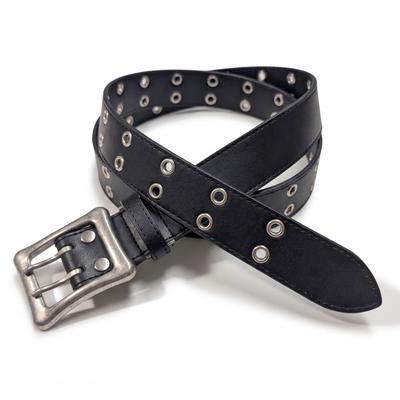 [SeaLand] Long Double Eyelet Belt with Garrison Buckle, Waist 50-130cm: 40mm Width [Black] Made In Japan