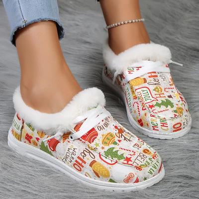 Mode Winter Damen Flache Schneestiefel Damen Weihnachts-Print Damen Baumwollschuh Kurze Plüsch Stiefeletten Festival Damen Slipper 20274