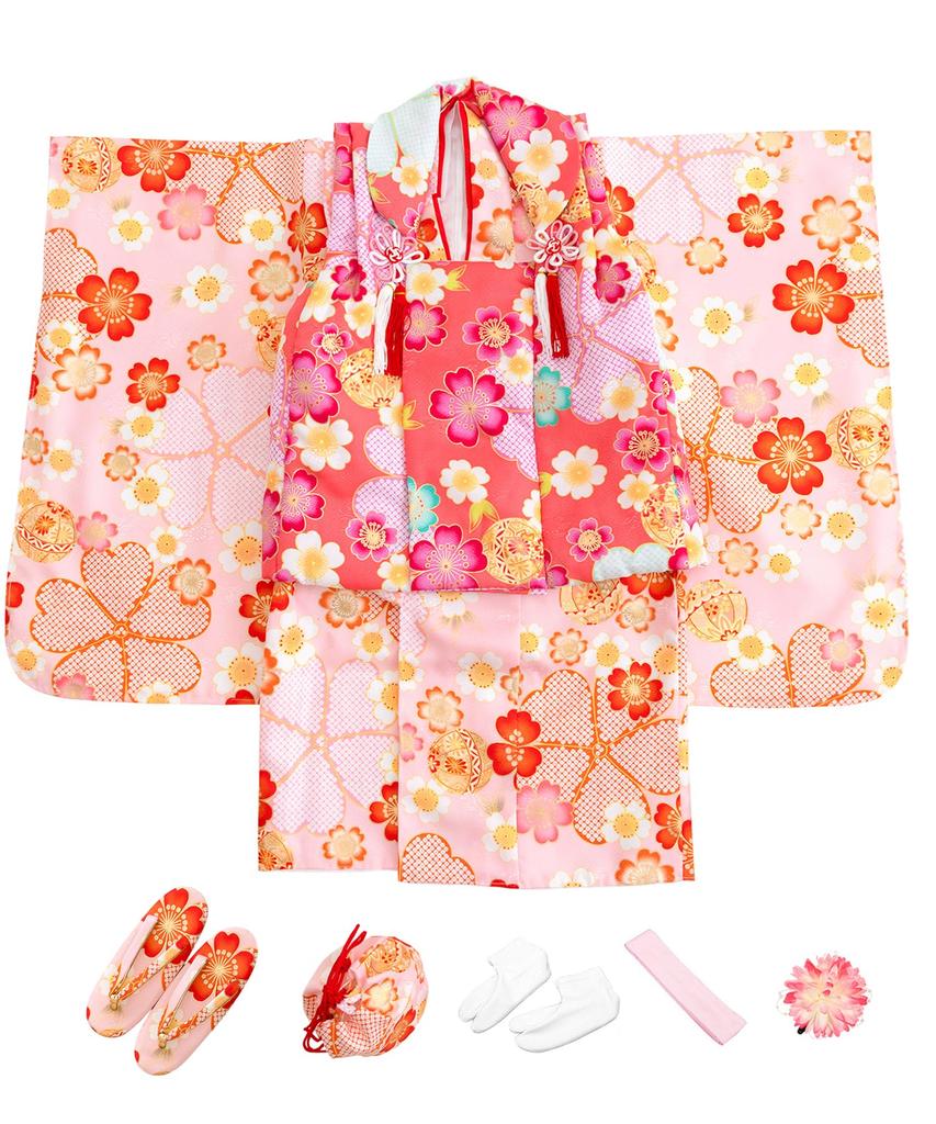 Kimono set for Hakama Gorgeous set Patterned Hair Drawstring Waist Girls Pale cherry blossoms and [KYOETSU] Shichigosan, 3-year-old, set, C, 9-piece