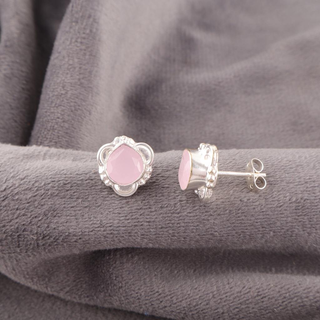 Rose Chalcedony  Earrings 925 Sterling Silver Handmade Jewelry Partywear Studs EE-159-16
