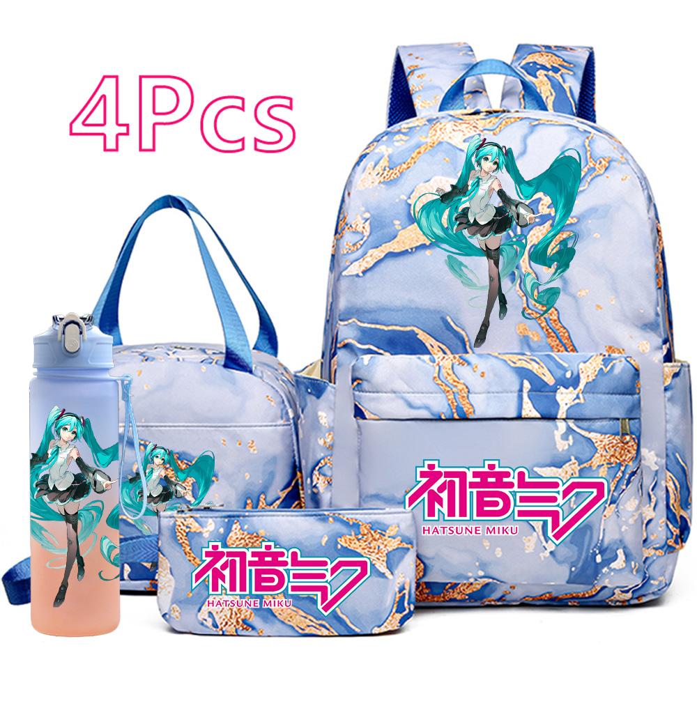 4 Stück/Set Hatsune Miku Aufdruck Rucksack Handtasche Federmäppchen 750ml Wasserflasche für Teenager Junge Mädchen Große Kapazität Wasserdicht Schultasche Schülergeschenk