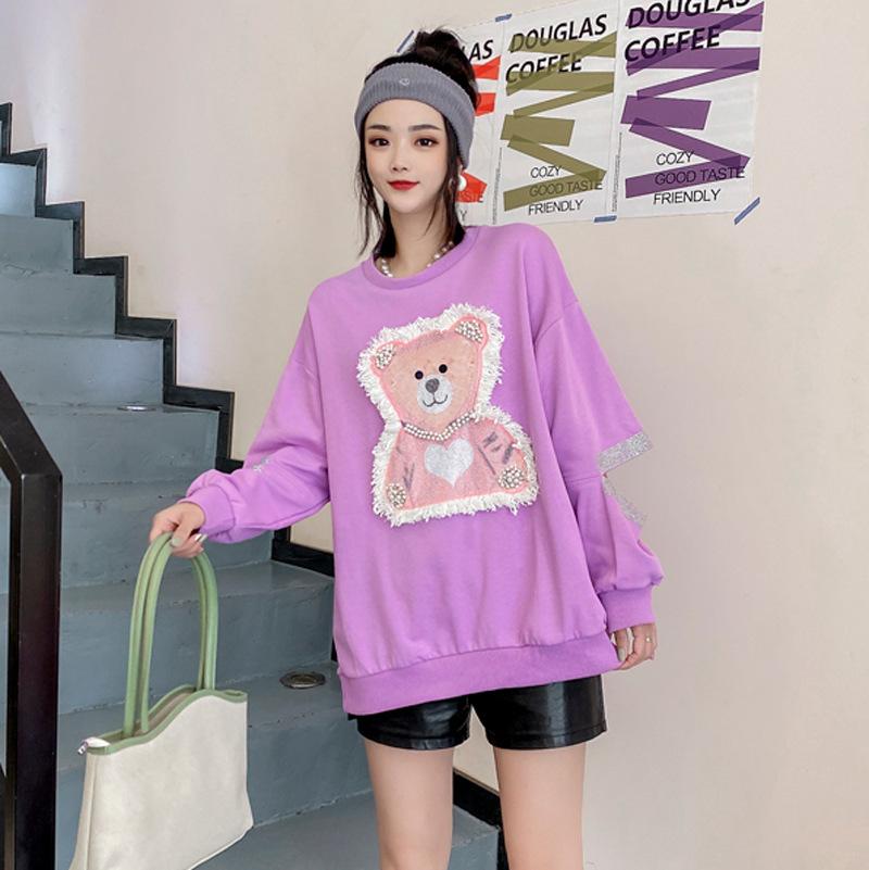 Thai Trendy Brand Autumn Cartoon Beaded Sweater Women's Medium and Long Korean Version of Foreign Style Long-sleeved Versatile Top Cross-border