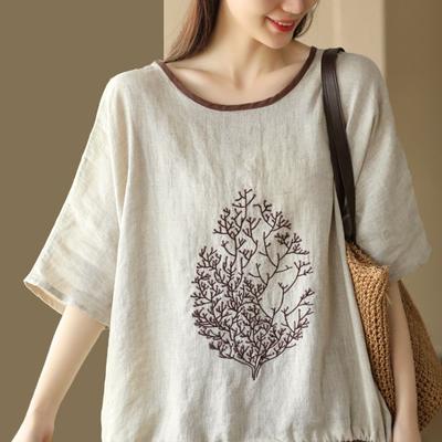 T-shirt Estiva Casual Larga da Donna con Ricami Vintage, Manica Corta, Scollo a O, Cotone e Lino, Oversize, Camicia Top Abbigliamento Donna