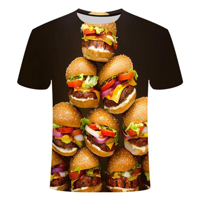 Summer Round Neck 3D Burger Print Top Fashionable Casual Fun Short Sleeved Men's and  Women's Unisex T-shirts