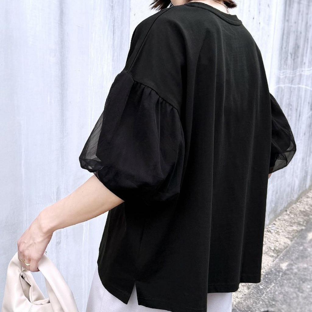 Pure Cotton Loose T-shirt for Women's Summer Mesh Lantern Five-quarter Sleeve Round Neck Top