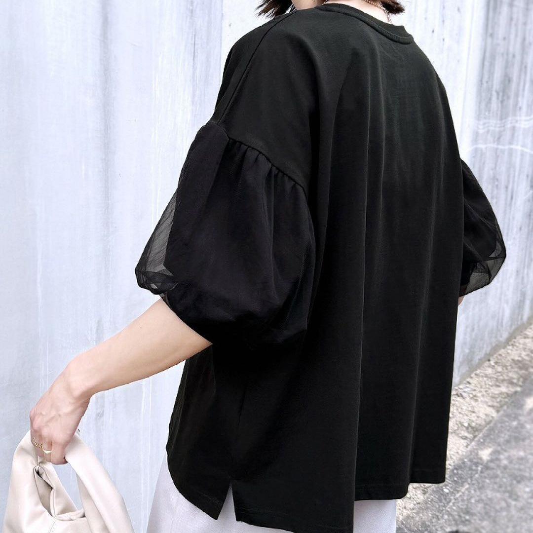 

Pure Cotton Loose T-shirt for Women s Summer Mesh Lantern Five-quarter Sleeve Round Neck Top L чёрный