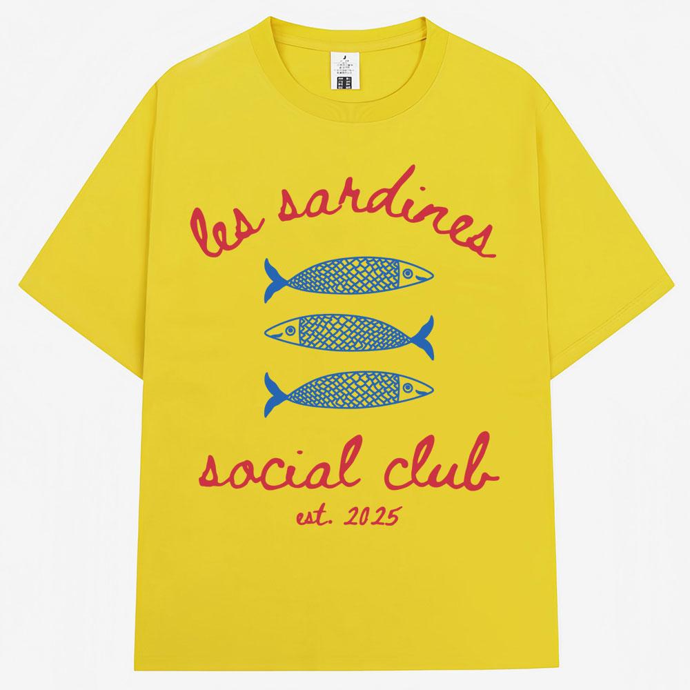 Les Sardines Social Club Graphic T Shirt Summer Fashion Vintage   Short Sleeve Oversized Cotton Casual Tees Streetwear
