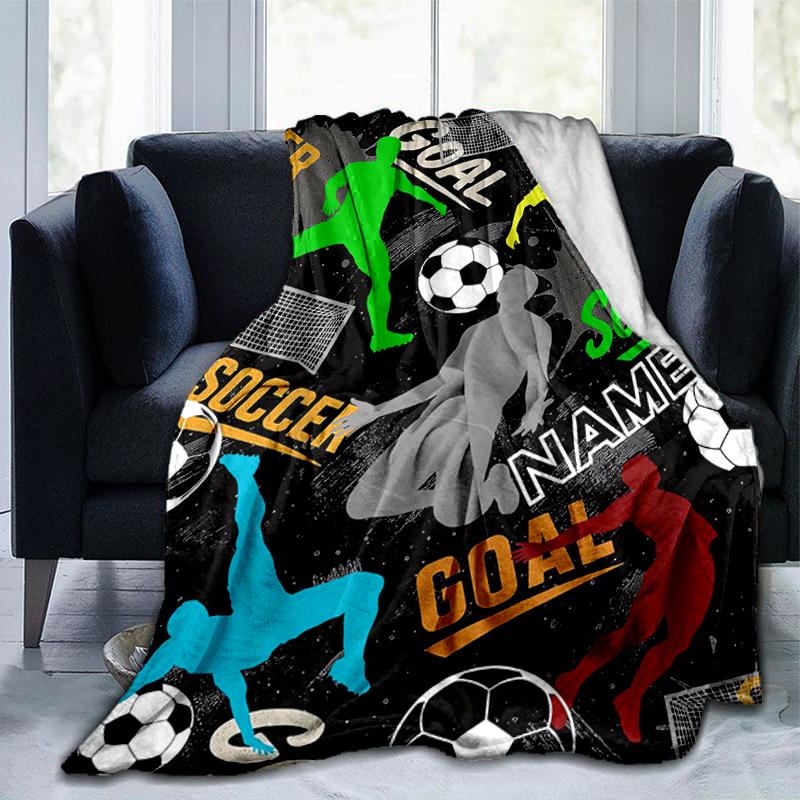 1PC Custom Name Soccer Silhouettes Goals Flannel blankets Patterns Throw Blanket All-Season Soft Gift for Couch, Bed, Camping gifts