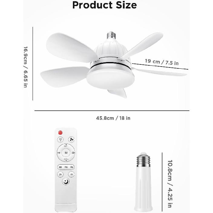 Socket Fan Light with Remote: 18'' Small Ceiling Fans with Lights, 2000 Lumens Dimmable Led Bulb, 3 Colors 3000K-6500K, Easy Install Screw in E26